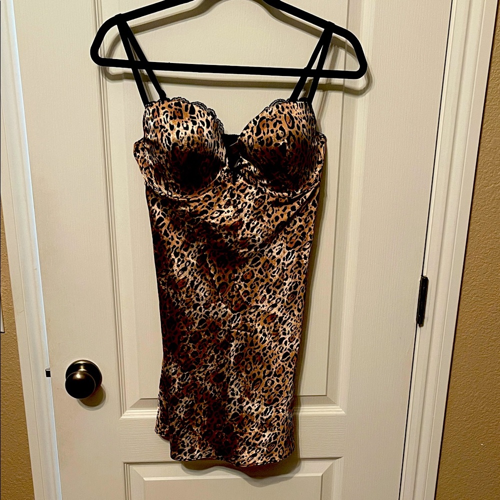 Victoria's Secret Leopard Satin Dress slip with Black Accents